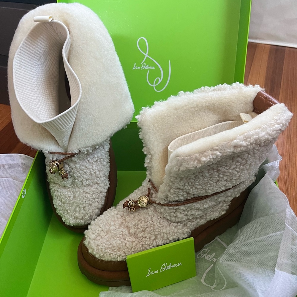 Sam Edelman Olin Lug Sole White and Brown Shearling Boots